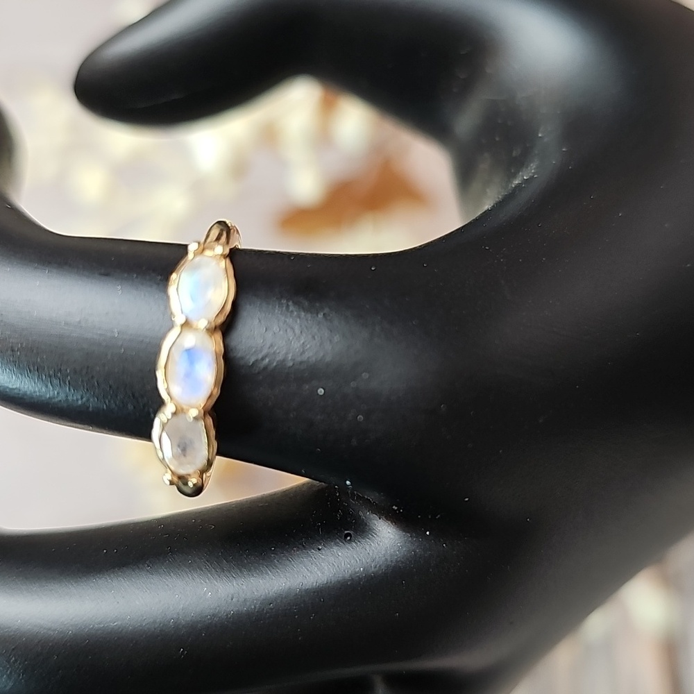 ZALESKA NATURAL RAINBOW MOONSTONE 3 STONE GOLD STERLING SILVER RING